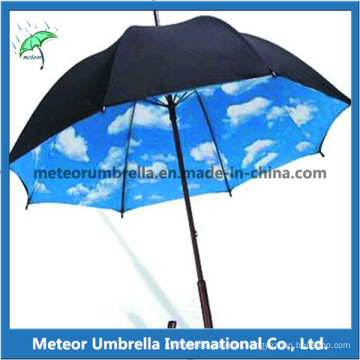 Wooden Shaft Straight Auto Open Cloudy Sky Inside Promotion Umbrella